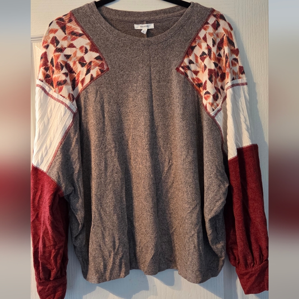 Maurices Gray and Red Patterned Sleeve Top